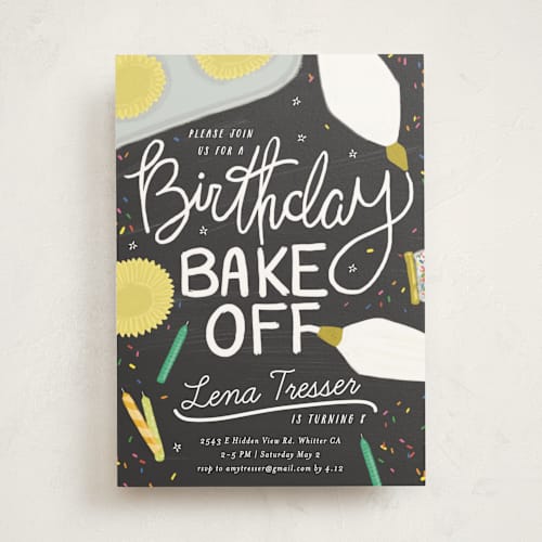 This is a chalkboard kids birthday invitations with standard by Shiny Penny Studio called birthday bake off printing on signature in standard