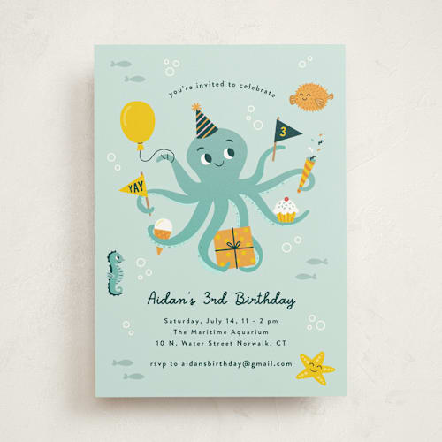 This is a sea kids birthday invitations with standard by Annie Holmquist called underwater fun printing on signature in standard