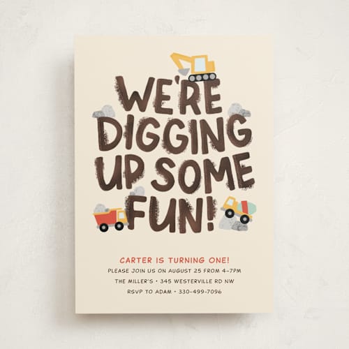 This is a dirt kids birthday invitations with standard by Megan Cash called digging printing on signature in standard