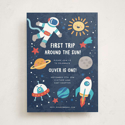 This is a midnight kids birthday invitations with standard by peetie design called space age printing on signature in standard