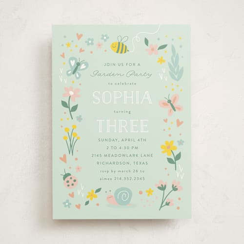 This is a sky kids birthday invitations with standard by Susan Asbill called in the garden printing on signature in standard