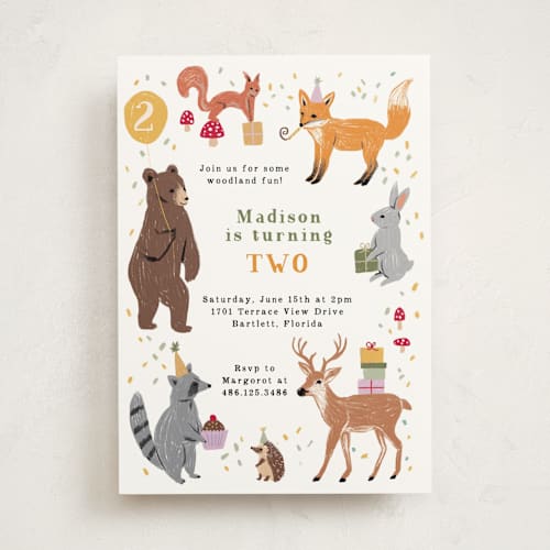This is a icing kids birthday invitations with standard by Cass Loh called woodland party animals printing on signature in standard