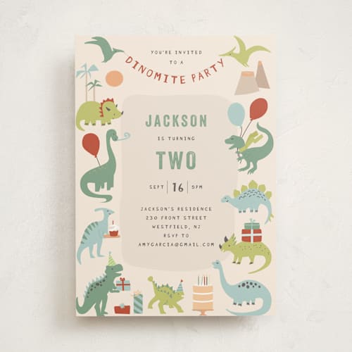 This is a sand kids birthday invitations with standard by Teju Reval called dino party printing on signature in standard