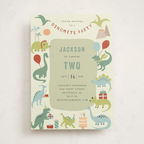 This is a forest kids birthday invitations with standard by Teju Reval called dino party printing on signature in standard