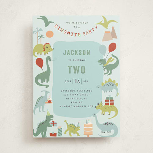 This is a sea kids birthday invitations with standard by Teju Reval called dino party printing on signature in standard