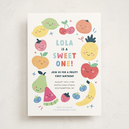 This is a fruit punch kids birthday invitations with standard by peetie design called fruit salad printing on signature in standard