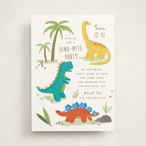 This is a marshmallow kids birthday invitations with standard by Everett Paper Goods called dino zone printing on signature in standard