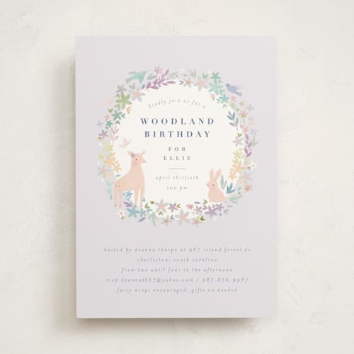 This is a dusk kids birthday invitations with standard by Lori Wemple called woodland printing on signature in standard