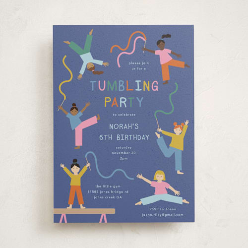 This is a blueberry kids birthday invitations with standard by Kelly Watkins called tumbling party printing on signature in standard