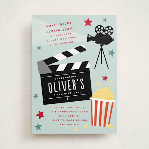 This is a sky kids birthday invitations with standard by Everett Paper Goods called blockbuster birthday printing on signature in standard