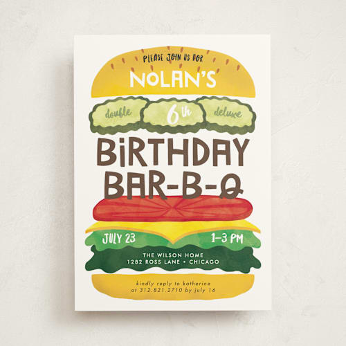 This is a classic kids birthday invitations with standard by Lehan Veenker called birthday burger printing on signature in standard