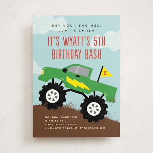 This is a lime kids birthday invitations with standard by Erica Krystek called monster truck printing on signature in standard