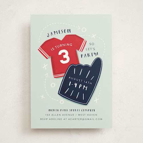 This is a navy kids birthday invitations with standard by JeAnna Casper called sports printing on signature in standard