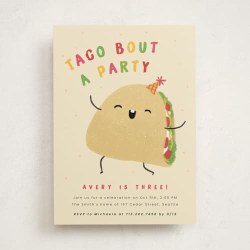 This is a tortilla kids birthday invitations with standard by Adelyn T. called taco bout a party printing on signature in standard