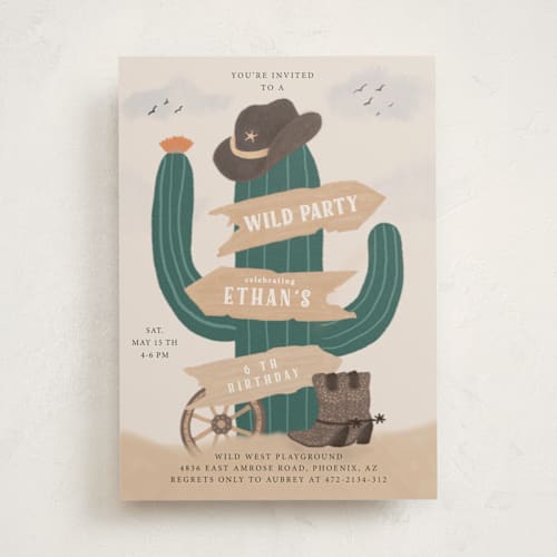 This is a sand kids birthday invitations with standard by Jelena Vuletic called cowboy party printing on signature in standard