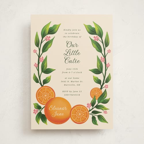 This is a clementine kids birthday invitations with standard by Megan Cash called cutie printing on signature in standard