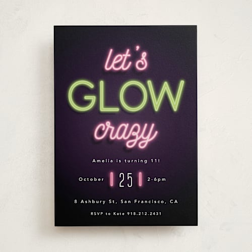 This is a lazer green kids birthday invitations with standard by Hudson meet Rose called glow printing on signature in standard