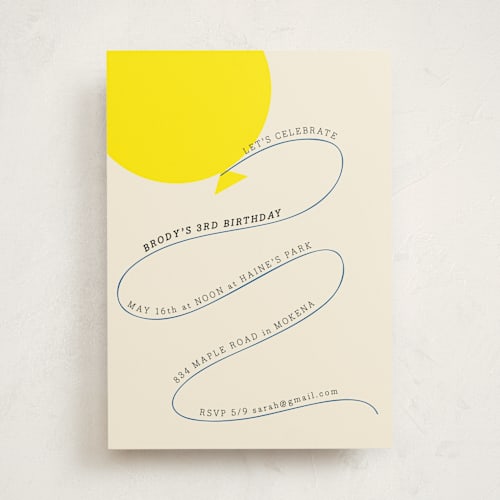 This is a cream kids birthday invitations with standard by Baumbirdy called balloon printing on signature in standard