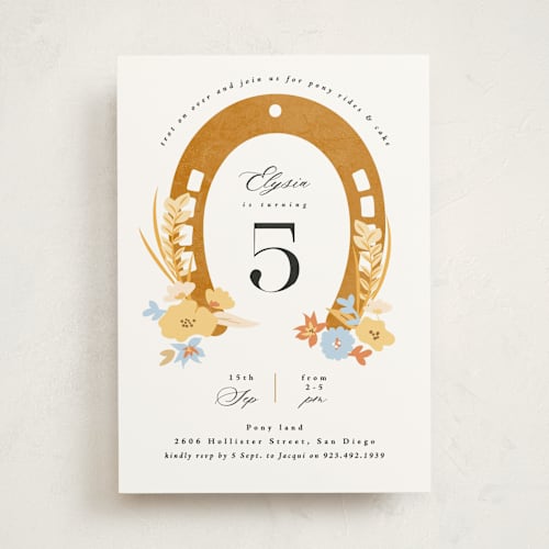 This is a sunny kids birthday invitations with standard by Corinne Malesic called pretty pony printing on signature in standard