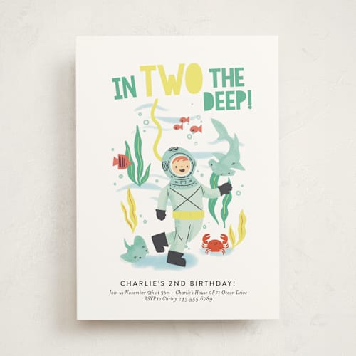 This is a sea green kids birthday invitations with standard by Itsy Belle Studio called deep dive printing on signature in standard