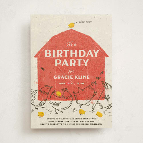 This is a barn kids birthday invitations with standard by Kimberly Morgan called barnyard parade printing on signature in standard