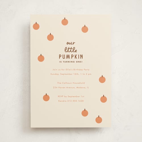 This is a pumpkin kids birthday invitations with standard by Baumbirdy called a little pumpkin printing on signature in standard