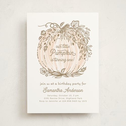 This is a peach kids birthday invitations with standard by Paper Sun Studio called little pumpkin printing on signature in standard