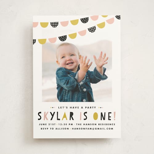 This is a blush kids birthday invitations with standard by Melissa Egan of Pistols called baby bunting printing on signature in standard