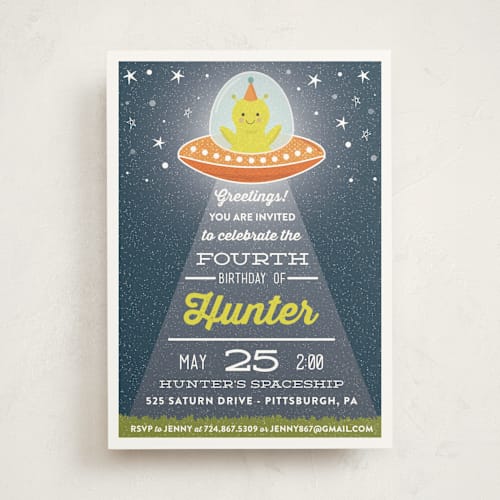 This is a neptune kids birthday invitations with standard by One Swell Studio called greetings, earthlings. printing on signature in standard