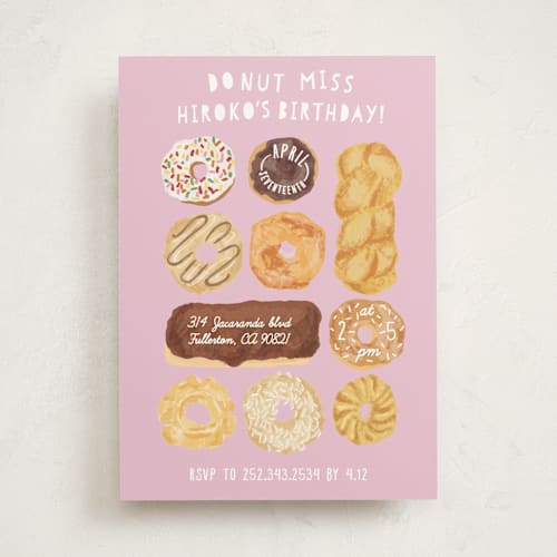 This is a bubble gum kids birthday invitations with standard by Shiny Penny Studio called donut miss the party printing on signature in standard