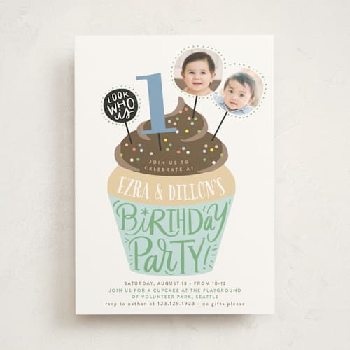 This is a turquoise kids birthday invitations with standard by Alethea and Ruth called cupcake topper printing on signature in standard