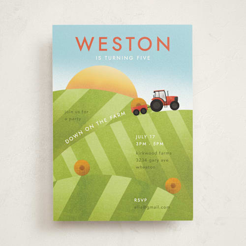 This is a field kids birthday invitations with standard by Erin German called down on the farm printing on signature in standard