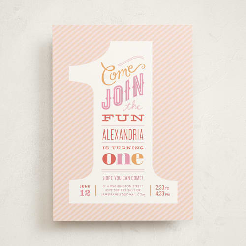 This is a cotton candy kids birthday invitations with standard by Jennifer Wick called the big one printing on signature in standard