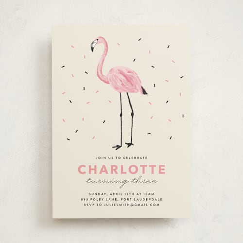 This is a crepe kids birthday invitations with standard by Cass Loh called flamingo sprinkles printing on signature in standard