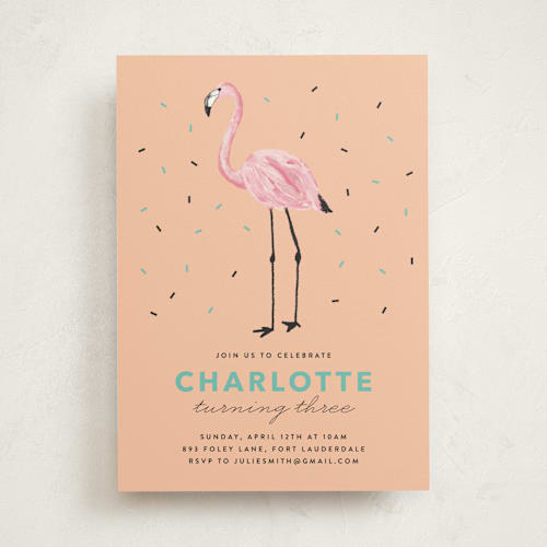 This is a coral kids birthday invitations with standard by Cass Loh called flamingo sprinkles printing on signature in standard