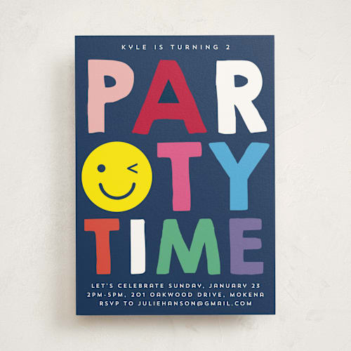 This is a navy kids birthday invitations with standard by Baumbirdy called emoji party printing on signature in standard