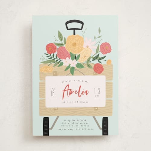 This is a strawberry kids birthday invitations with standard by Leah Bisch called flower wagon printing on signature in standard