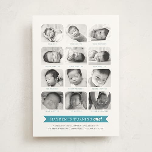 This is a light slate kids birthday invitations with standard by Katie Speelman called 12 months printing on signature in standard