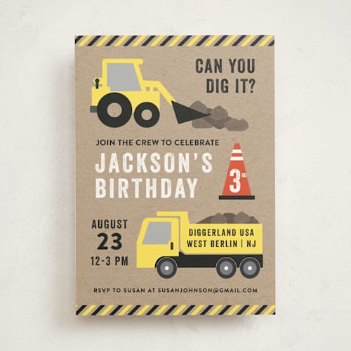 This is a kraft kids birthday invitations with standard by Annie Holmquist called party zone printing on signature in standard