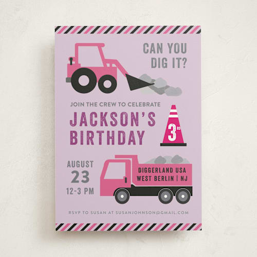 This is a lavender kids birthday invitations with standard by Annie Holmquist called party zone printing on signature in standard
