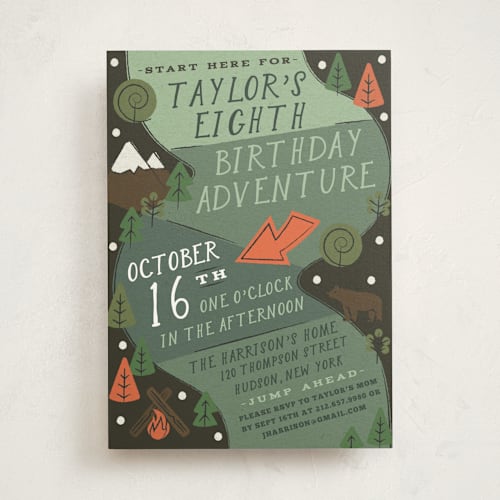 This is a forest kids birthday invitations with standard by Jennifer Lew called skip go printing on signature in standard