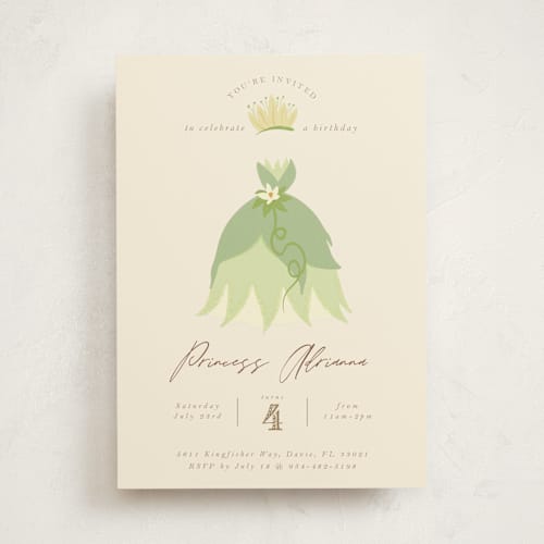 This is a southern cream kids birthday invitations with standard by Kate Ross called disney princess tiana's dress printing on signature in standard