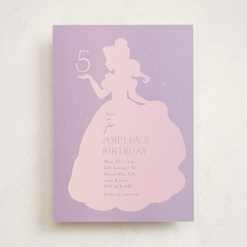 This is a lilac kids birthday invitations with standard by Angela Thompson called disney's sparkling princess belle printing on signature in standard