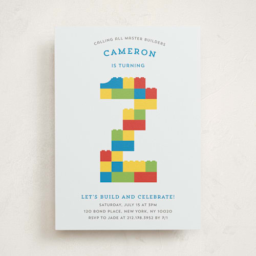 This is a cobalt kids birthday invitations with standard by Belia Simm called master builders party printing on signature in standard