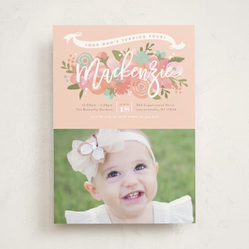 This is a peach kids birthday invitations with standard by Jennifer Wick called blooming peonies printing on signature in standard