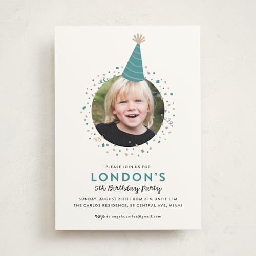 This is a teal kids birthday invitations with standard by Hooray Creative called party hat printing on signature in standard