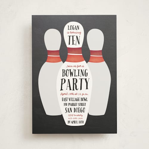 This is a bowling ball kids birthday invitations with standard by Erica Krystek called lucky strike printing on signature in standard