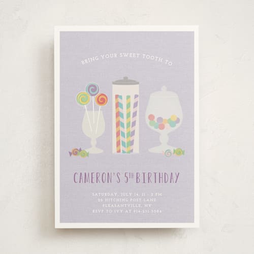 This is a lavender kids birthday invitations with standard by Annie Holmquist called candy shoppe printing on signature in standard