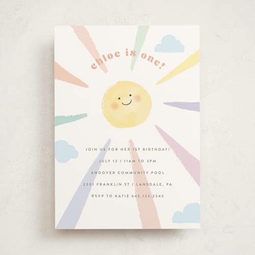 This is a sherbet kids birthday invitations with standard by Jennifer Wick called rainbow sun printing on signature in standard