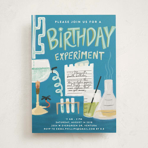 This is a cobalt kids birthday invitations with standard by Shiny Penny Studio called birthday experiment printing on signature in standard